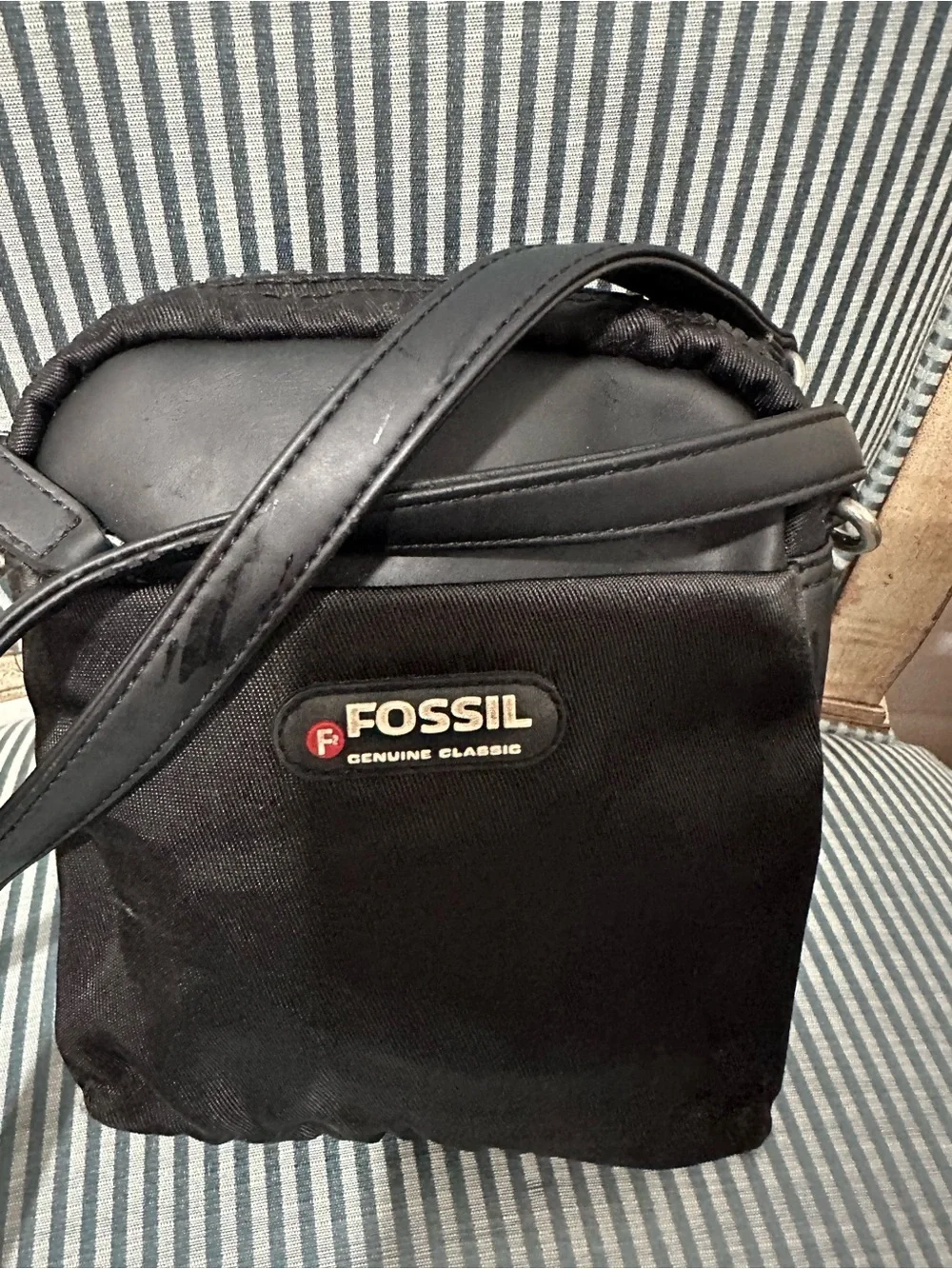 Vintage Fossil Genuine Classic Mini Crossbody Bag Y2K Black Nylon PVC Trim
